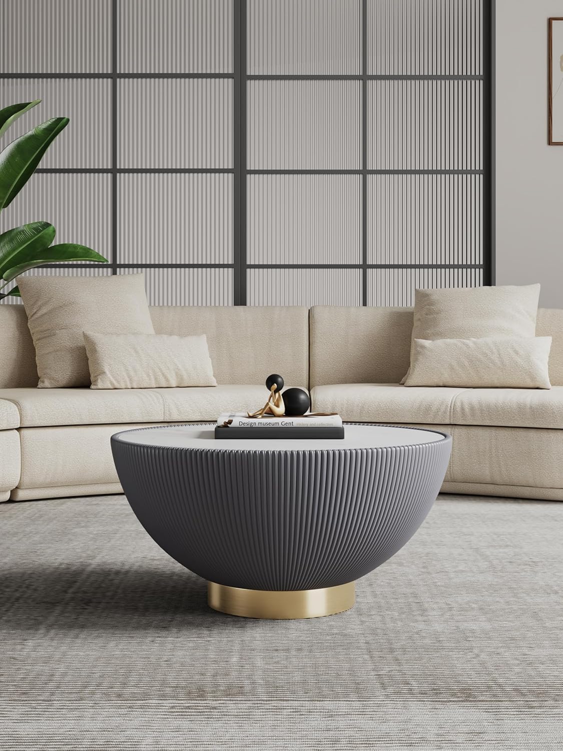 Manhattan Comfort Anderson Modern Low-Profile Round Coffee Table – Ceramic Marble Tabletop, Pleated Leatherette Detail, Gold Base, Fully Assembled Accent Table, Set of 1, Grey