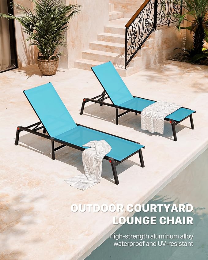 Aluminum Chaise Foldable Patio Lounge Chair Outdoor, Metal Deck Lounger Adjustable 5-Position Recliner Pool Chase Breathable Full Flat Outside Sun Tanning Chairs for Beach/Poolside/Lawn(Blue, 2 Pack)