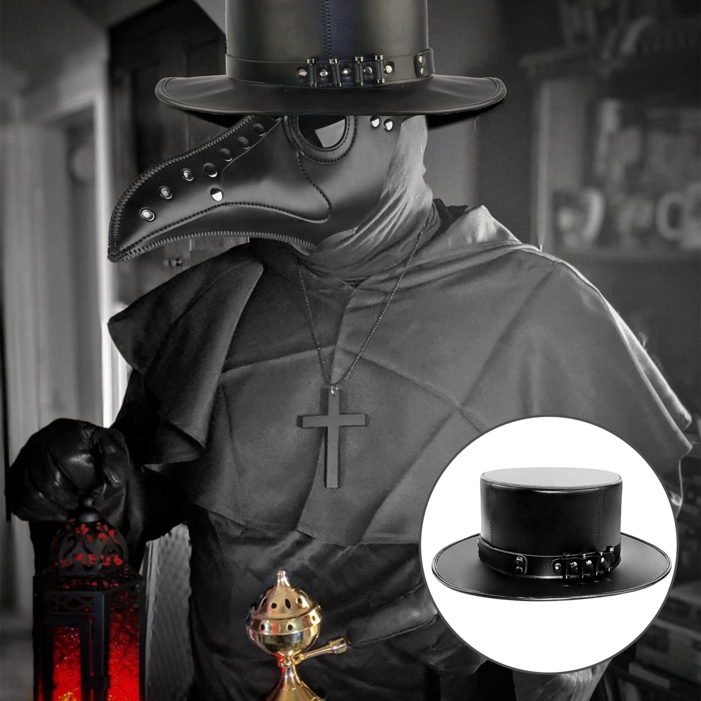 Azurtis Black Leather Plague Doctor Hat Vintage Flat Top Dress Up Hat Steampunk Halloween Top Hat