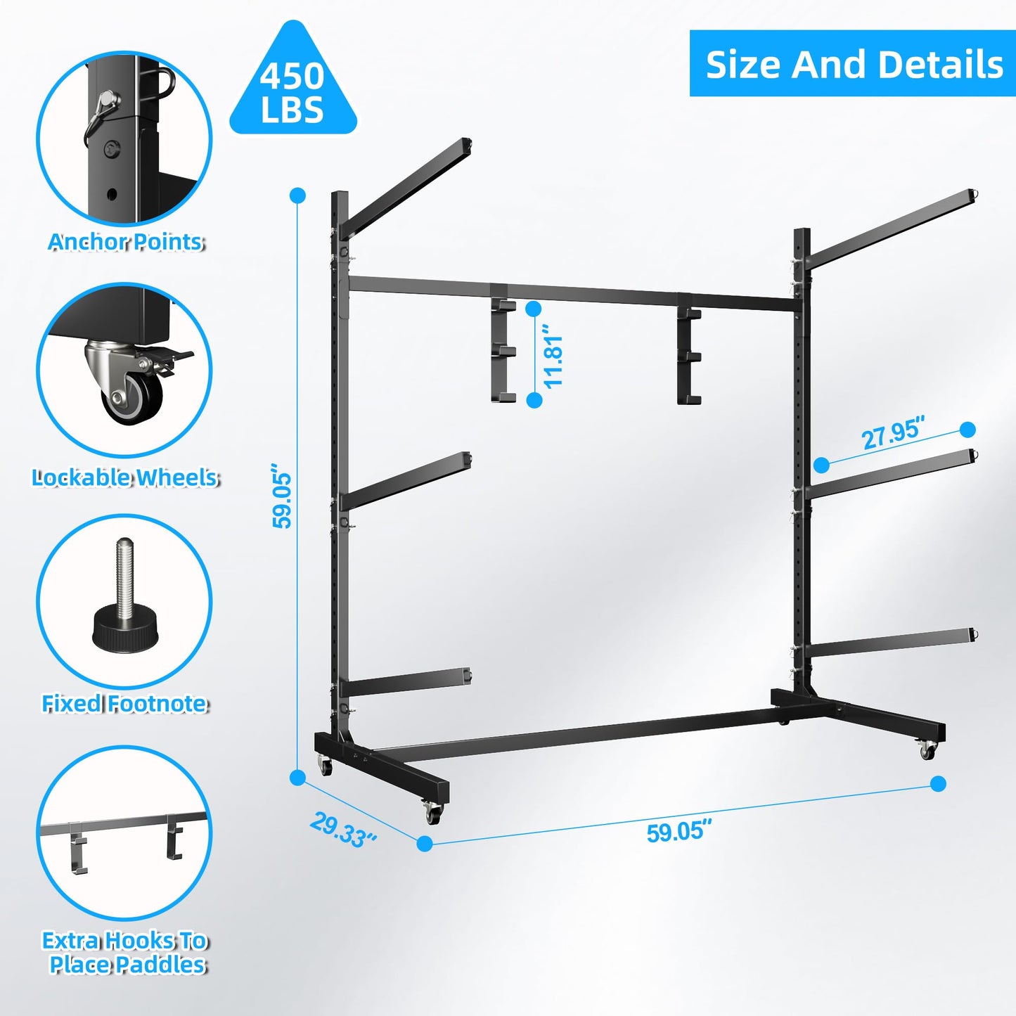 NICOMOW Kayak Storage Rack,kayak racks for outdoor storage,Freestanding Kayak Stand with Wheels,3 Adjustable kayak Storage Rack for Indoor,Outdoor,Garage,Shed,Dock,Black