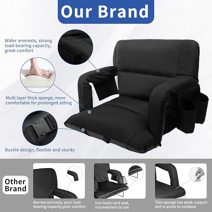 Aventorixis Wide Stadium Seats with Back Support – 2 Pack Sofa Style Bleacher Chairs, Thick Cushions, 6 Reclining Positions for Ultimate Comfort (Black-2 Pack, Wide|22.5")