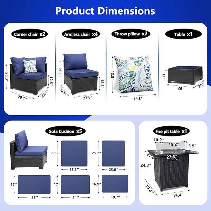 3D MATRIX 8 Pieces Patio Furniture Set with 28" Fire Pit Table, Wicker Outdoor Sectional Couch, Rattan Conversation Set for Backyard, Deck, Garden Lawn, Coffee/Blue