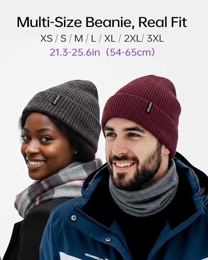 Zylioo Oversize Beanie Hats, XXL Big Size Ribbed Knit Cuffed Winter Hat for Cold Weather, Warm Skull Watch Cap