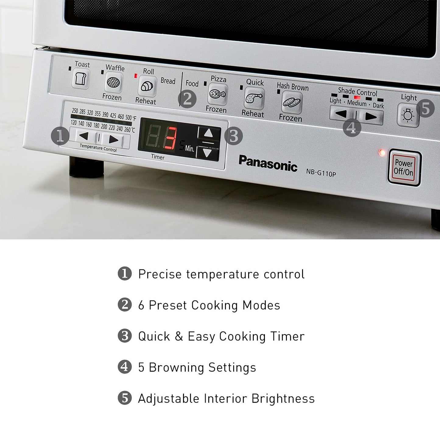 Panasonic FlashXpress Toaster Oven Countertop, 4-Slice Small Toaster Oven Compact Size with Double Infrared Heating, 6 Auto Cook Options and Precise Temperature Control, 1300W - NB-G110P (Silver)