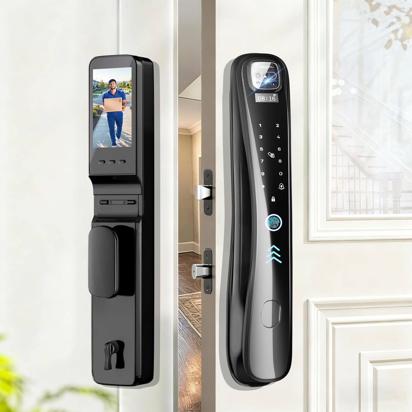 Smart Lock with Camera & Video Doorbell, 8-in-1 Keyless Entry Door Lock with Keypad, Smart Deadbolt for Front Door, Fingerprint Lock Built-in Wi-Fi, Voice Control & Remote Control, Two-Way Talk
