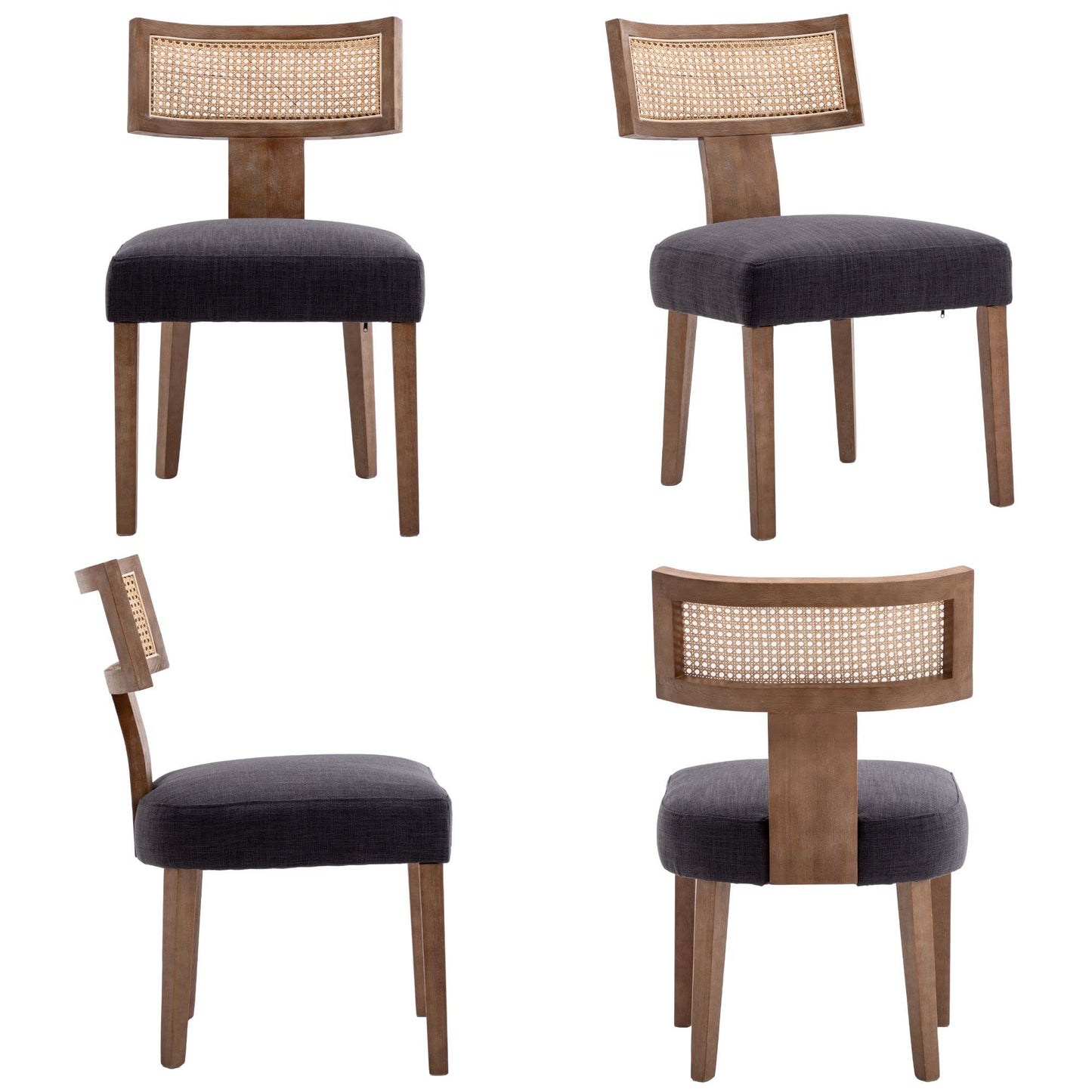 BESTANO Rattan Dining Chairs Set of 4, Mid-Century Modern Wooden Farmhouse Dining Chairs Linen Fabric Upholstered Kitchen Chairs with Curved Cane Back, Charcoal