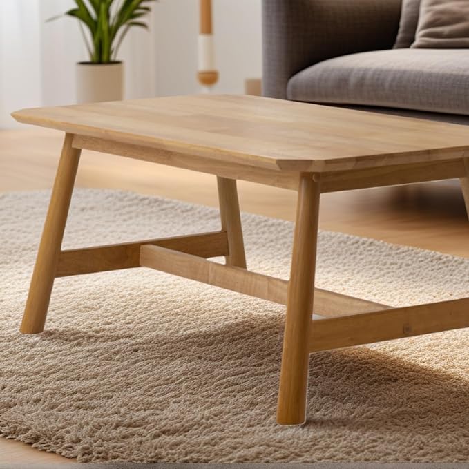 Ya-Home Farmhouse Coffee Table 35.5” Side Table Mid Century Wooden Table, Solid Wood Tea Table for Living Room Reception Room, Natural Finish