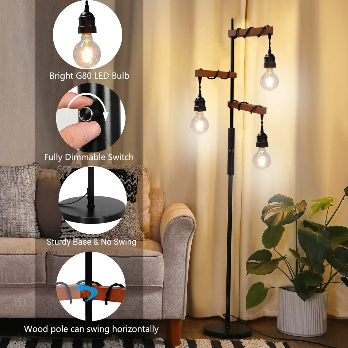 Assemer Dimmable Industrial Floor Lamp,Modern Farmhouse Tree Standing Lamps for Living Room Bedroom Office Rustic Home Decor