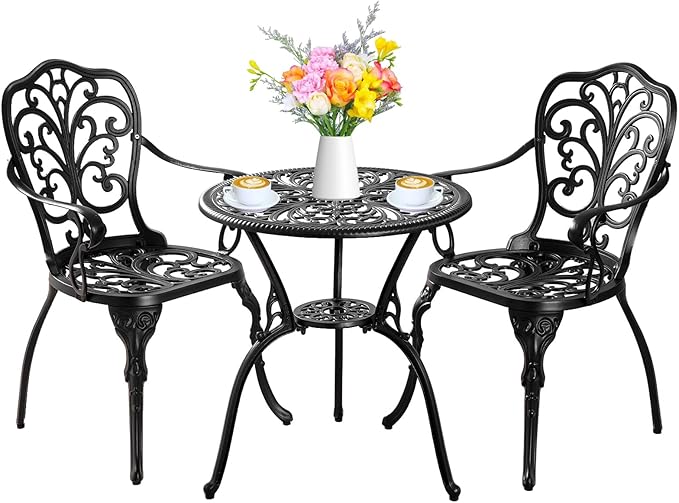 Withniture Bistro Set 3 Piece Outdoor, Bistro Table and Chairs Set of 2, All Weather Patio Bistro Set with Umbrella Hole, Patio Set for Garden, Black