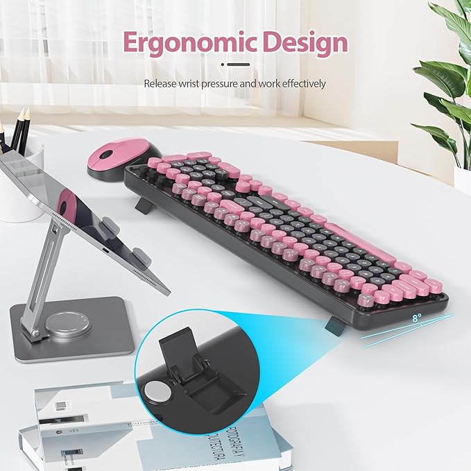 Wireless Keyboard and Mouse Set, Retro Typewriter, 2.4GHz Full Size 104-Key Cute Keyboard with Number Pad, Colorful with Round Keycaps for Windows PC Laptop(Berry Powder)