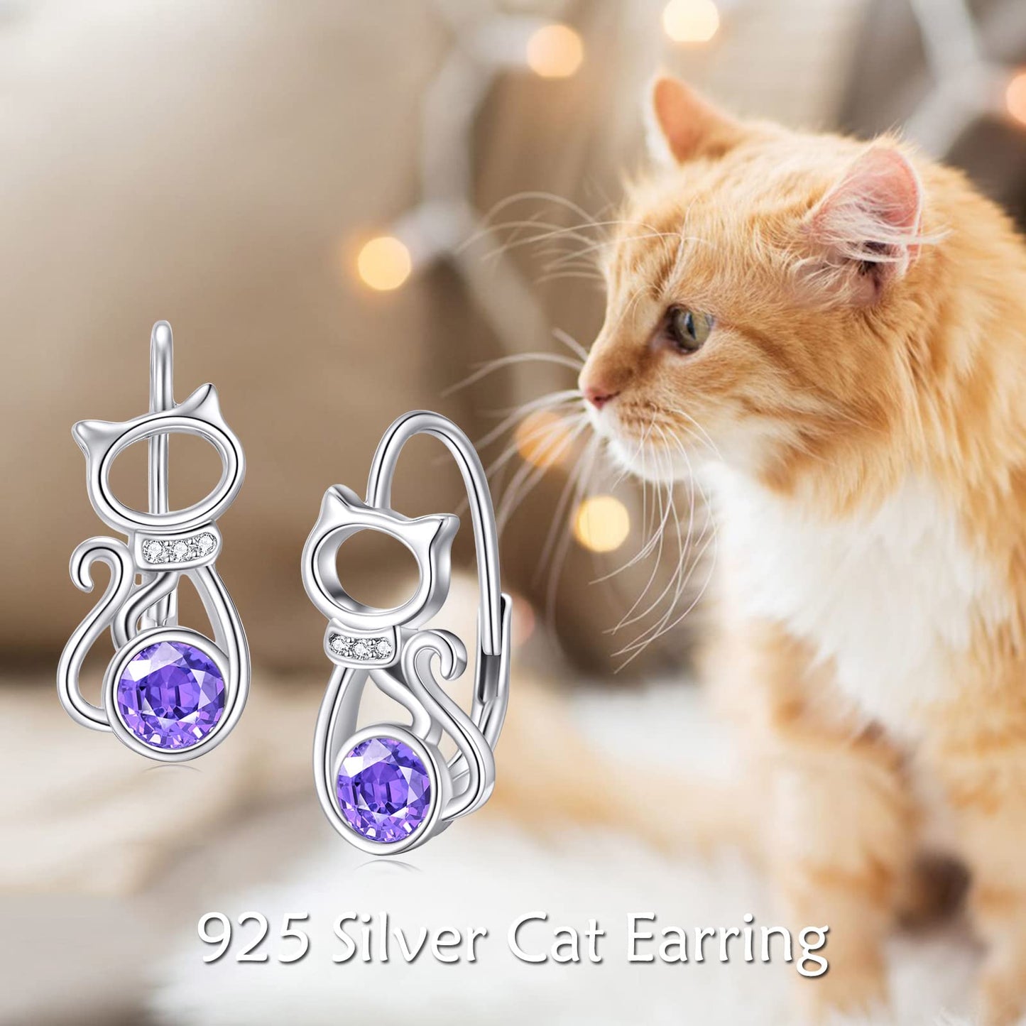 AOBOCO 925 Sterling Silver Cat Earrings for Women Purple Crystal Leverback Dangle Earrings Cat Jewelry Packaged with Jewelry Box Gifts for Women Wife