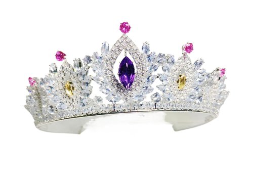 ZECAA Crystal Elegant Princess Tiara Crown For Woman, Multi-Gemstone Tiara Crown Headband With Amethyst, Pink Topaz and Citrine Stone, Silver Color