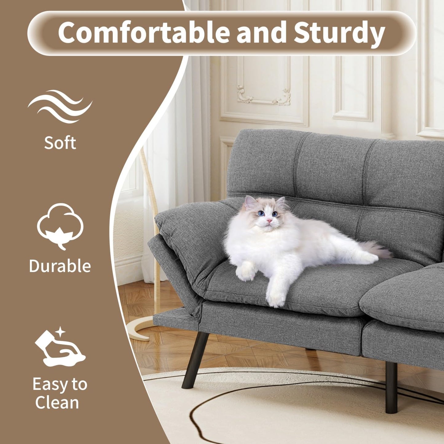 Opoiar 71" Convertible Futon Sofa Bed & Sleeper Couch - Memory Foam Loveseat Sofa with Adjustable Backrest/Armrest for Small Space, Apartment, Living Room - Medium Grey