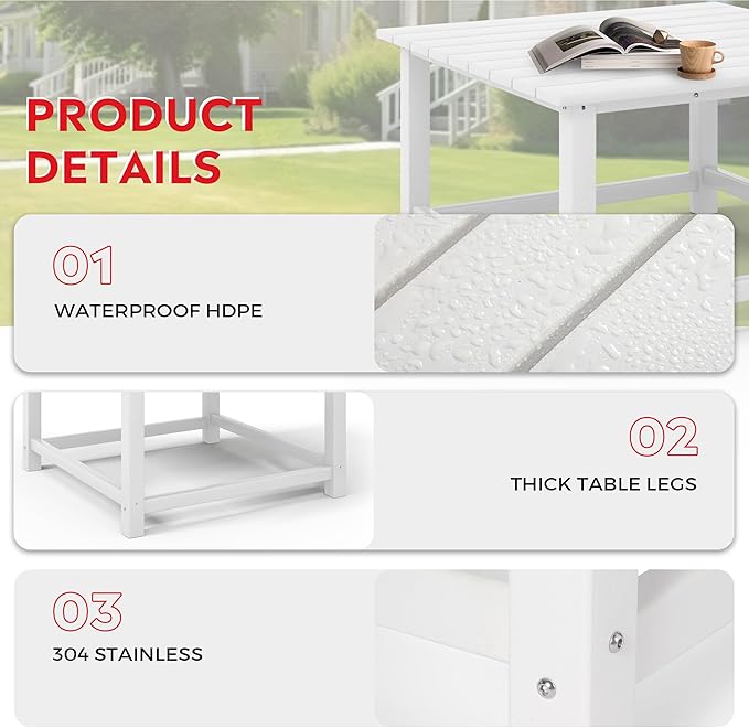 Costaelm Patio Conversation Set, Patio Chairs Set of 5 Balcony Firepit Furniture Outdoor Adirondack Square Table and Chair Backyard Furniture Set for Lawn Porch Pool Garden, White