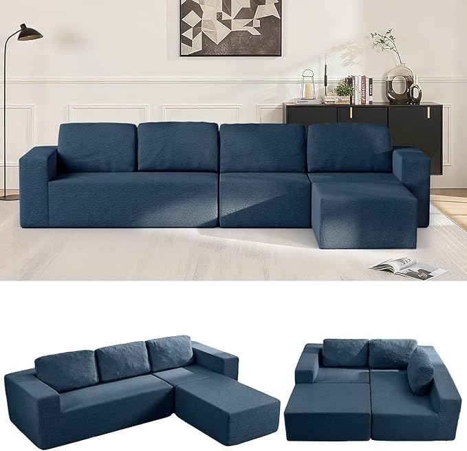 Furnify 136" Modular Sectional Couch Left/Right Facing Convertible, L-Shape Modern Teddy Sofa, Deep Seat Upholstered Foam Couch for Living Room Bedroom, No Assembly Required (Blue, Teddy Boucle)