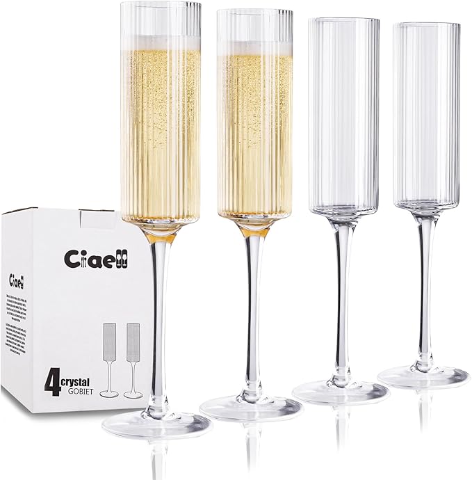 Ciaell Champagne Flutes Set of 4 - Vintage Ribbed Crystal Hand Blown Champagne Glasses With Long Stem - Elegant Sparkling ...
