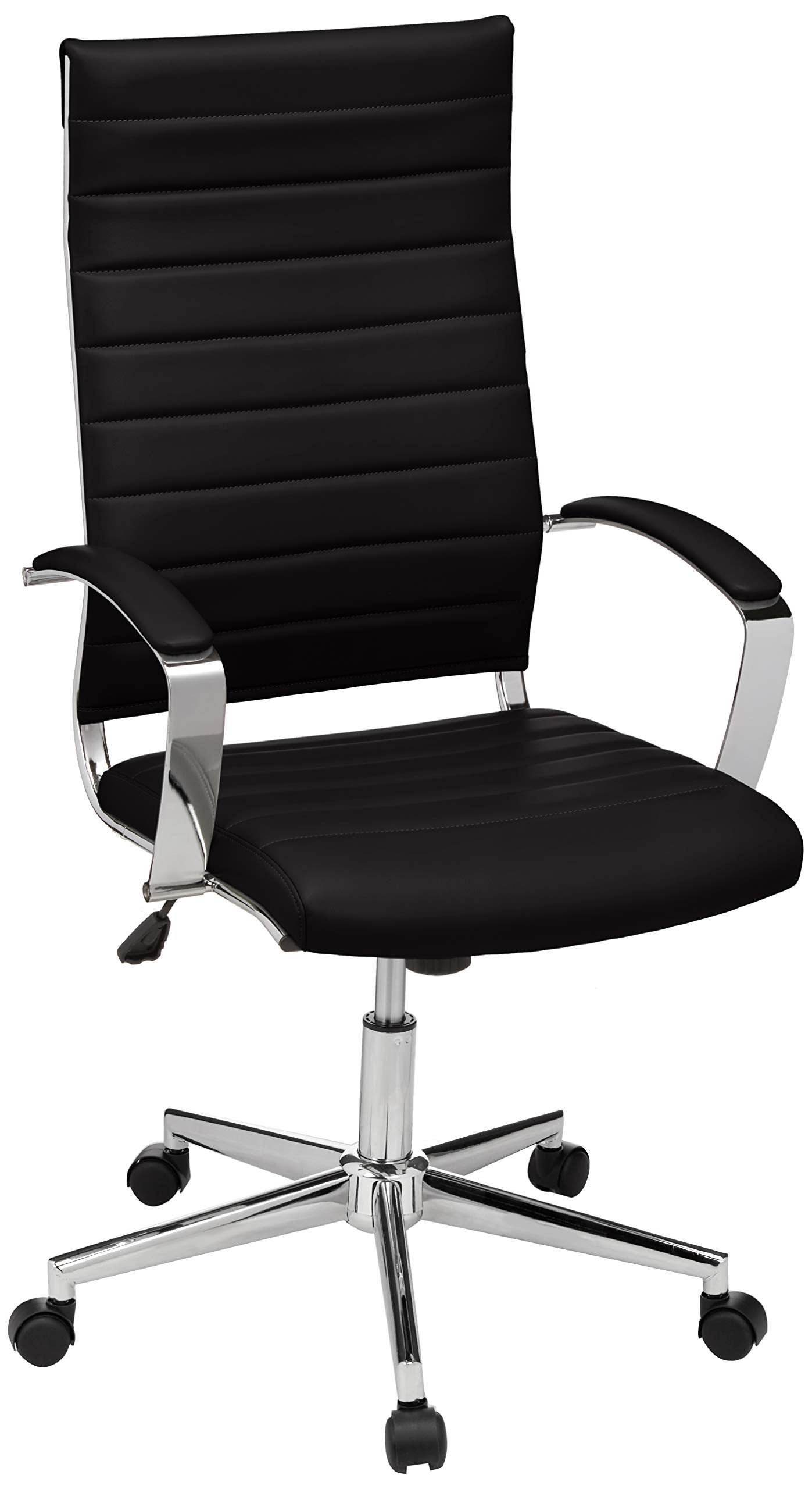 Amazon Basics High-Back Swivel Office Chair with Lumbar Support, Ergonomic Ribbed Faux Leather, Adjustable Height, 45.25" x 24.75" x 23.25", Black