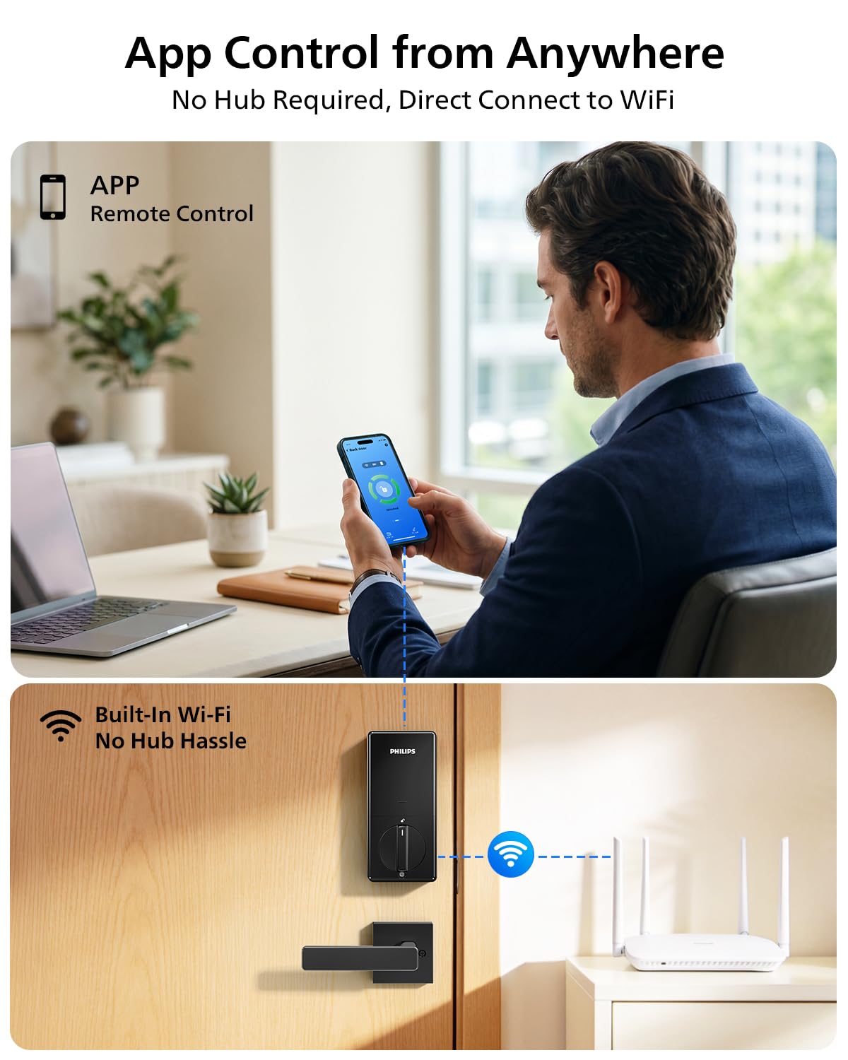 Philips Wi-Fi Smart Lock for Front Door, Keypad Door Lock with Handle, Built-in WiFi App Remote Control, Keypad Deadbolt Auto Lock for Front Door, Supports Alexa & Google, Matte Black