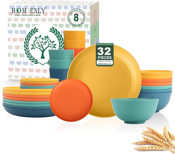 Homienly Dinnerware Set 32-Piece Wheat Straw Dinnerware Sets Unbreakable Reusable Dinnerware Set Kitchen Cups Plates and B...