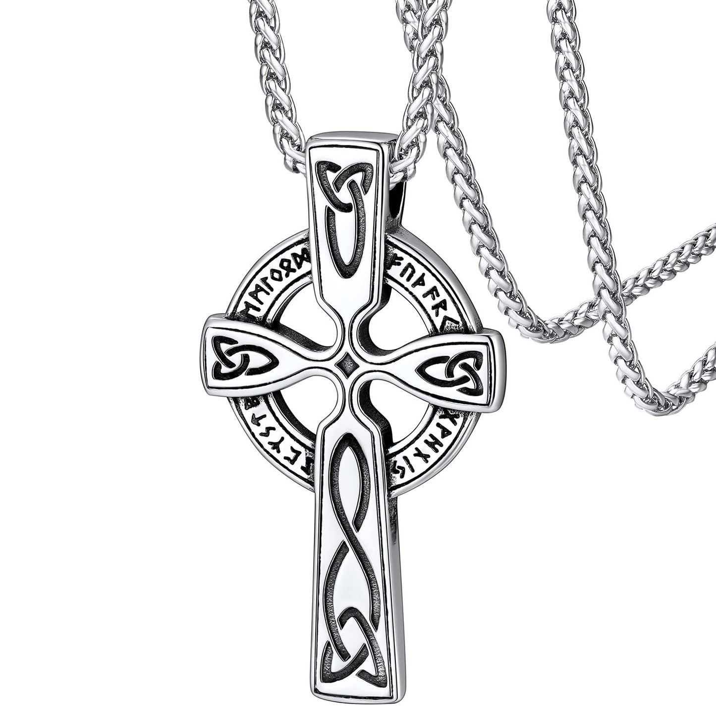 FaithHeart Celtic Knot Pendant Necklace Stainless Steel North Viking Cross Jewelry with Vintage Rune Design