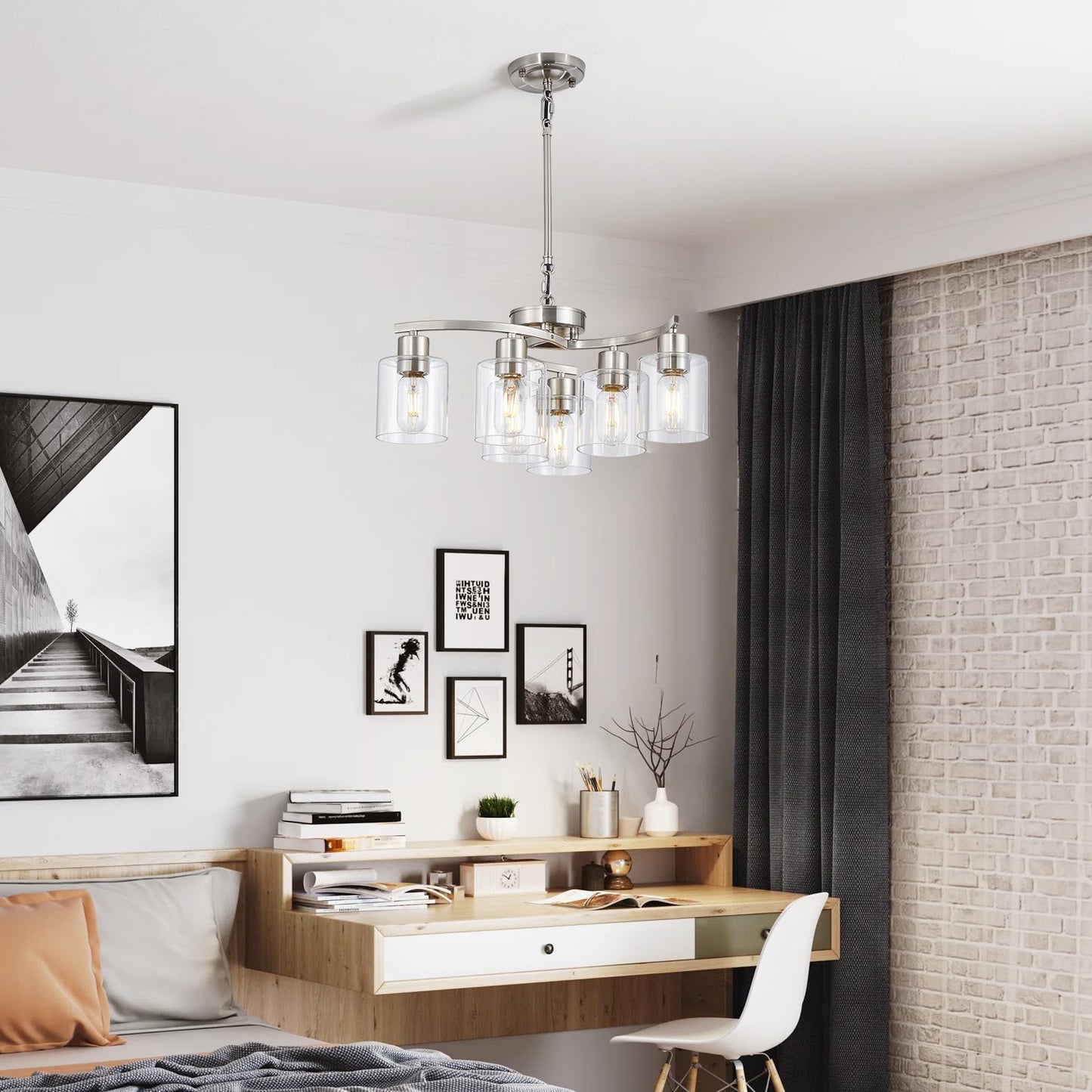 Eatich Modern Chandelier, Brushed Nickel Chandeliers for Dining Room, Adjustable Height 6 Light Dining Room Light Fixture, Hanging Light Fixtures Ceiling for Living Room Bedroom Kitchen Island