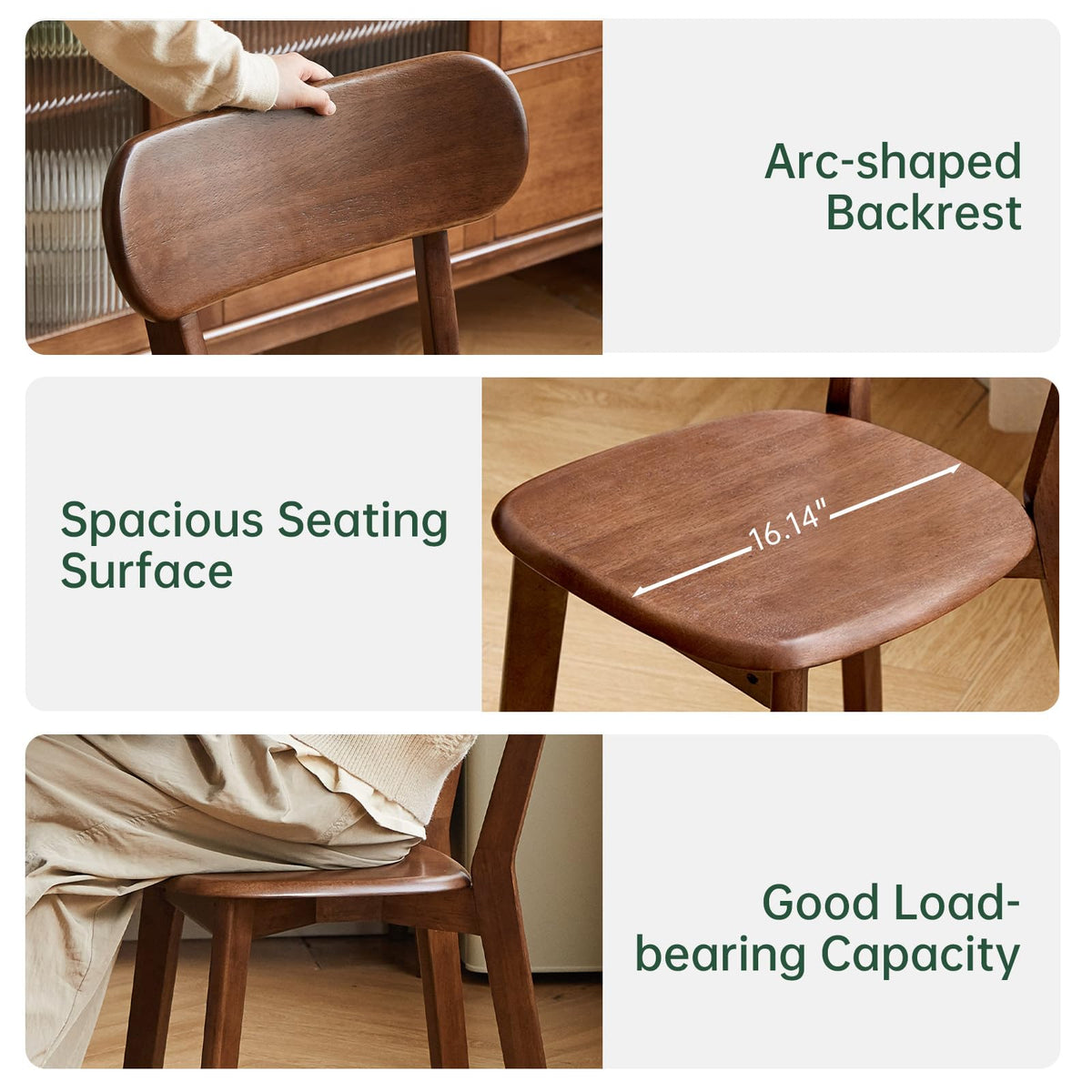 100% Solid Wood Dining Chairs Set of 2, Mid Century Modern Dining Chairs with Curved Backrest, Wooden Desk Chair with Solid Rubber Wood Frame for Kitchen, Dining Room, Study, Living Room, Walnut (2PK)
