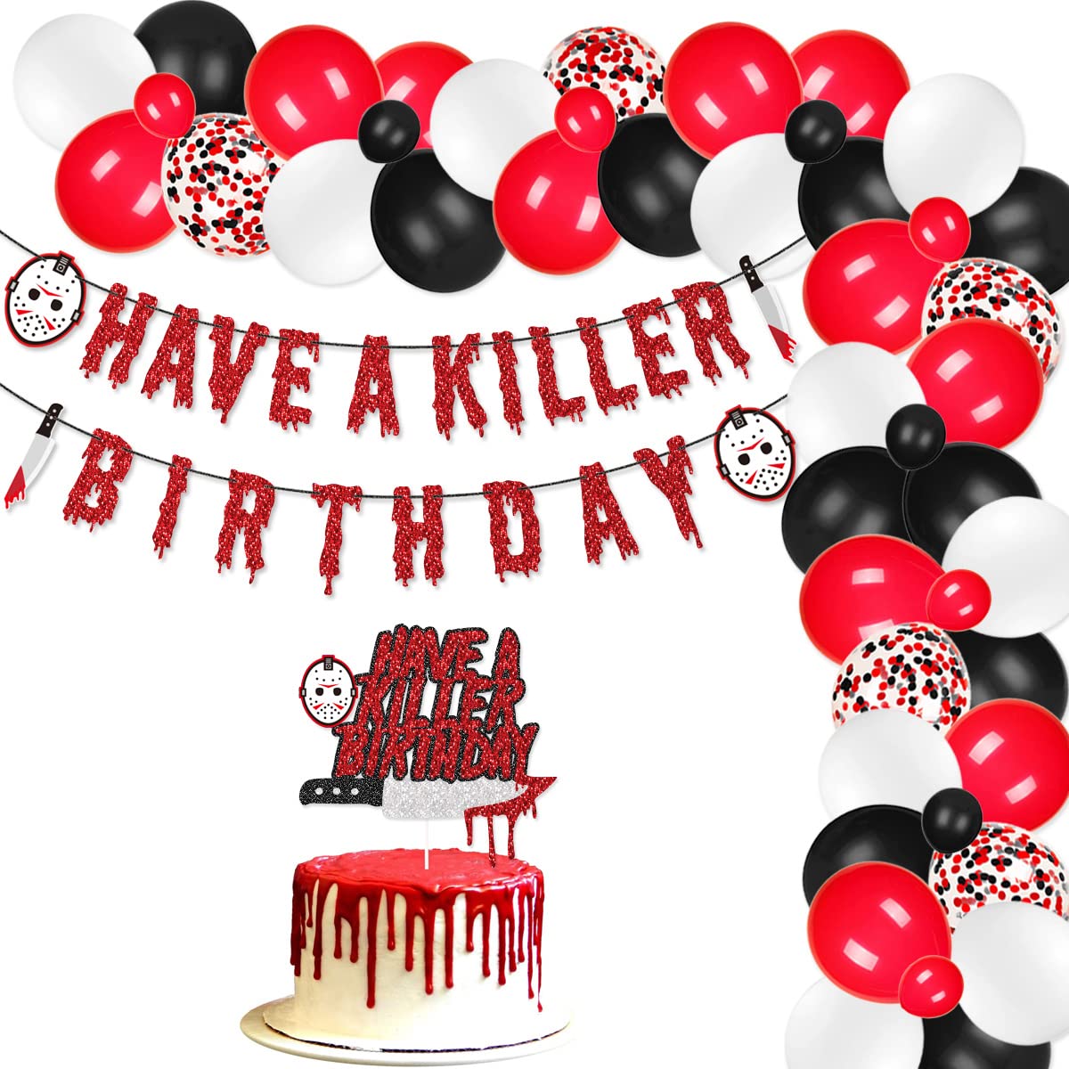 Killer Birthday Party Decorations Kit - Banner, Cake Topper, Balloons for Scary Movie, Halloween Horror Themed Party