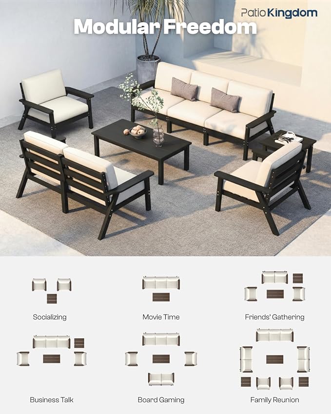 Patio Kingdom 7 Piece Patio Furniture Set, HDPE Outdoor Sectional with Beige Washable Thick Cushions, Coffee Table & Side Table, Patio Conversation Sets for Lawn, Garden, Porch, Balcony (Black Frame)