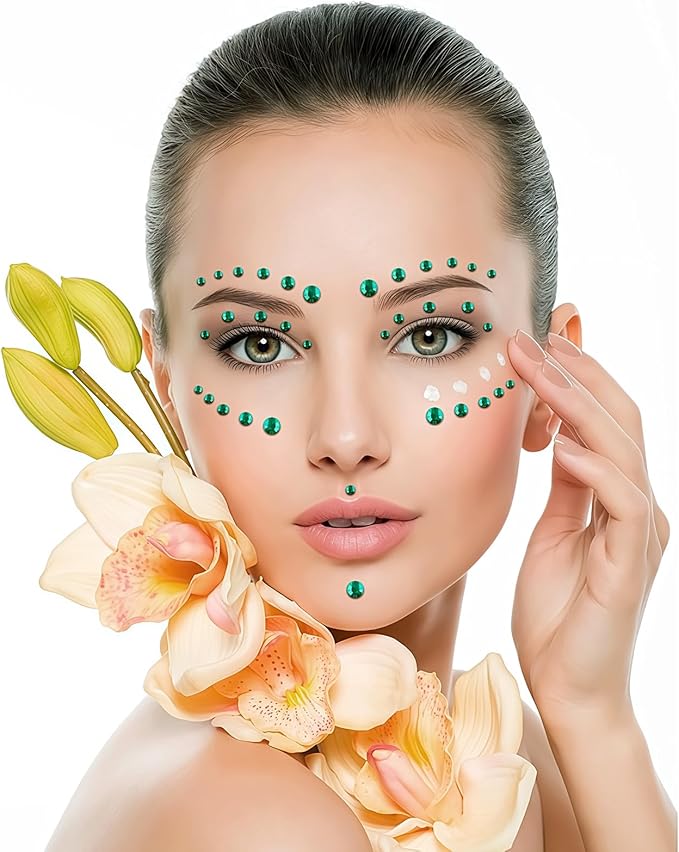 591pcs Face Gems Hair Gems Pearls, Self-Adhesive Face Jewels Eye Rhinestones 3/4/5/6/8 mm Face Gem Stick on, Halloween Makeup Gems Rave Accessories for Face Eyes Body Makeup (20.Dark Green)