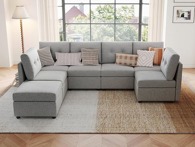 LINSY HOME Modular Sectional Sofa Oversized, Removable Cover Living Room Couches with Storage Deep Seat & Ottoman Chaise L/U Shaped Sofa Modern Couch (Grey, 6 Seats & 1 Ottoman)
