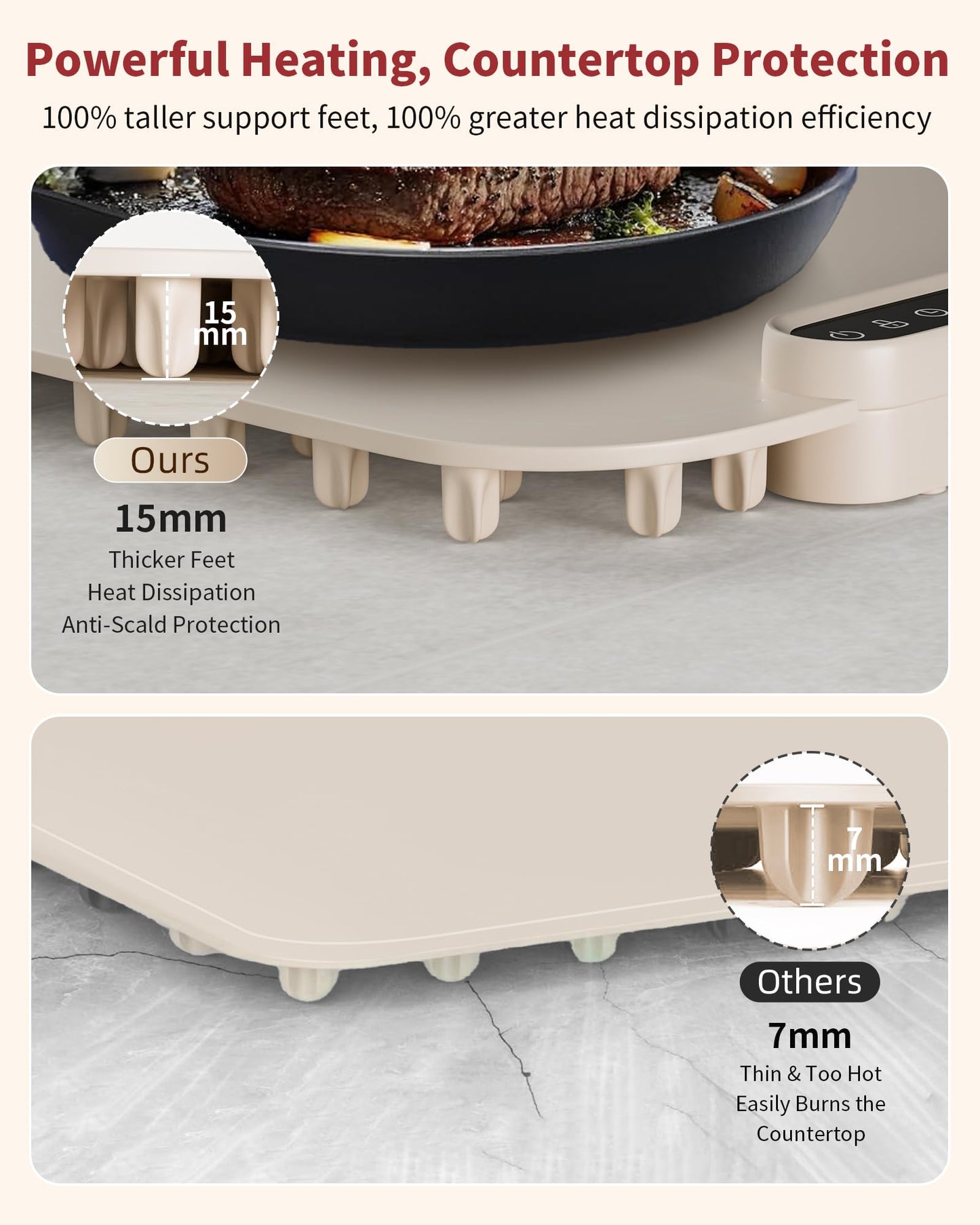 Warming Mat for Food, Upgraded Fast-Heating Electric Warming Tray with 7 Temp Levels & 8 Timers, Buffet Raised Feet & Rollable Silicone Heat Pad, Portable Food Warmer for Home, Party & Travel (Beige)