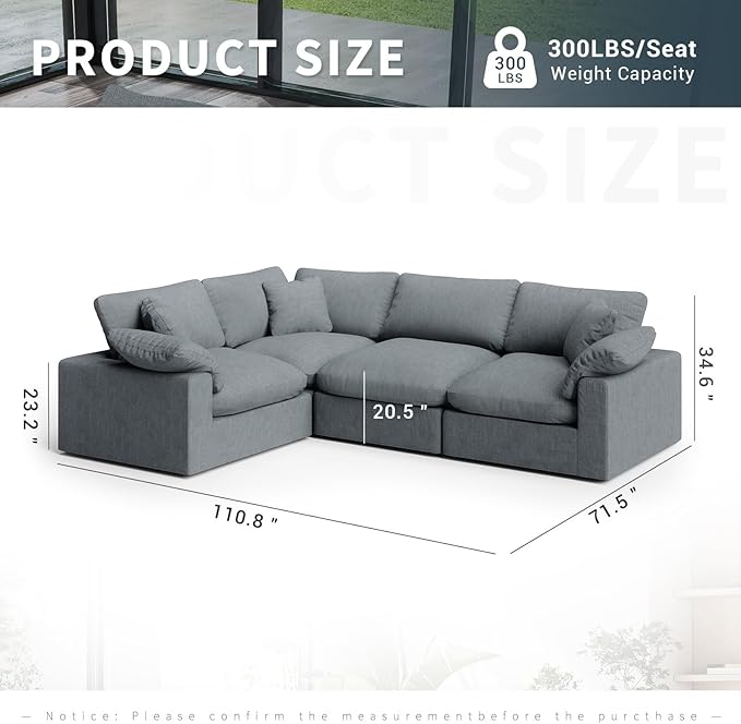 Intuition Decor 189.4" Modular Sectional Sofa Cloud Couch,4 Seat Down Filled L Shape Comfy Cloud Modern Sofa,Oversized Couch Cushion Covers Removable for Living Room,Light Blue
