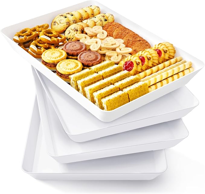 Lifewit Plastic Serving Tray for Party, 4 Pcs White Trays for Serving Food, Reusable Platters for Buffet, Fruit, Cookie, C...