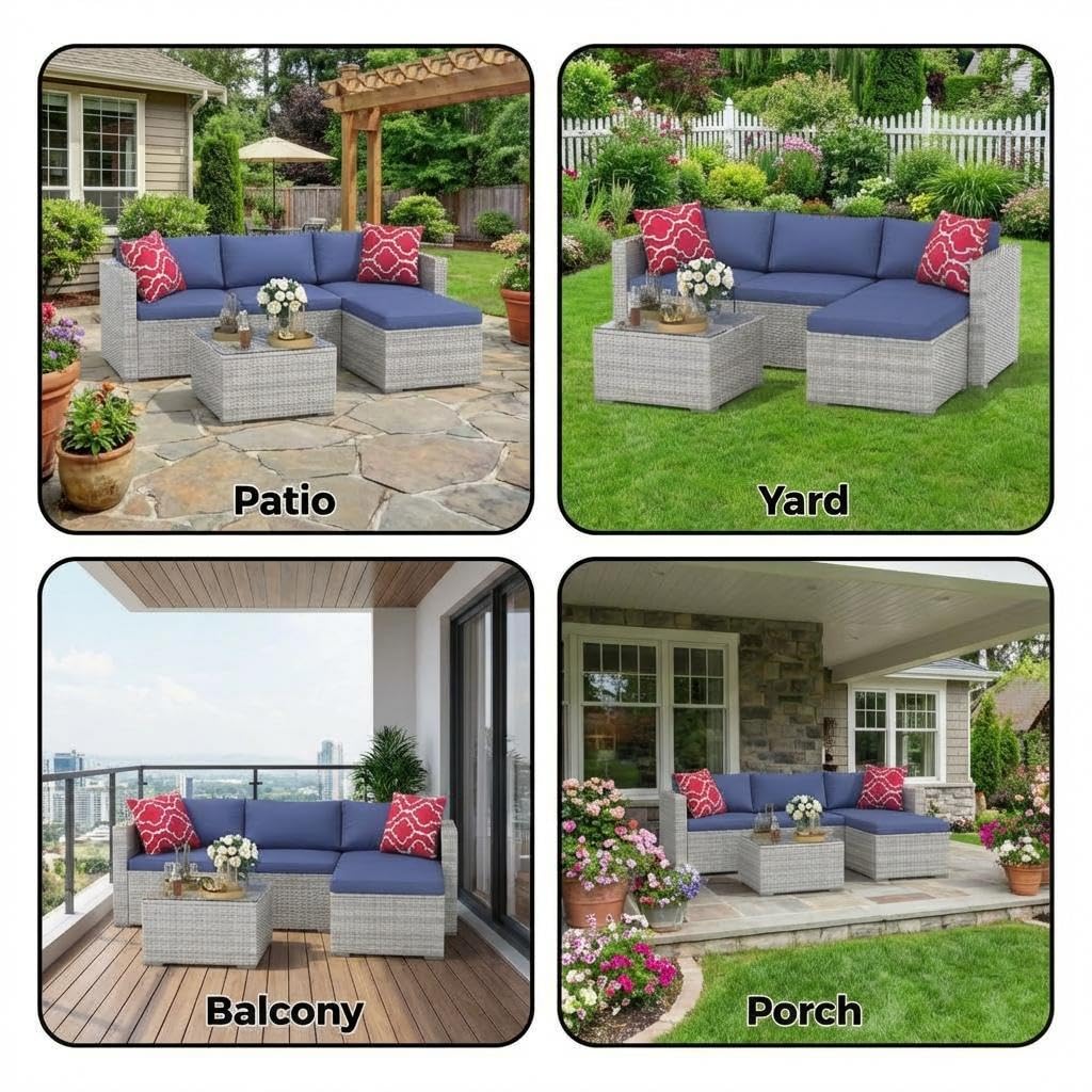 5-Piece Outdoor Sectional Sofa Set, Outdoor Patio Set Sectional Sofa, All-Weather PE Rattan Patio Furniture with Ottoman & Tempered Glass Table for Garden, Backyard, Porch, Poolside (Brown/Blue)