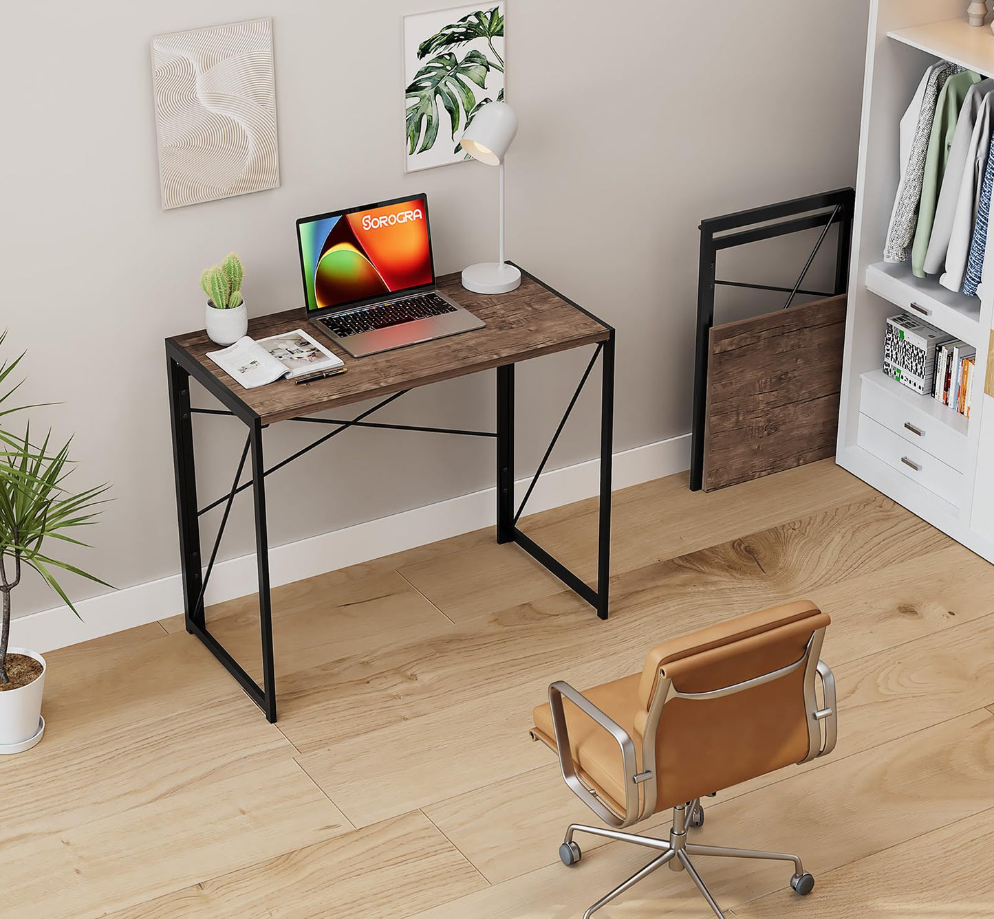 Coavas Folding Desk 31.5 inch Foldable Small Portable Computer Desks, Spaces Saving Writing Sturdy Table for Bedroom, Home Office, Dorm, Apartment, Pre Assembled, Brown