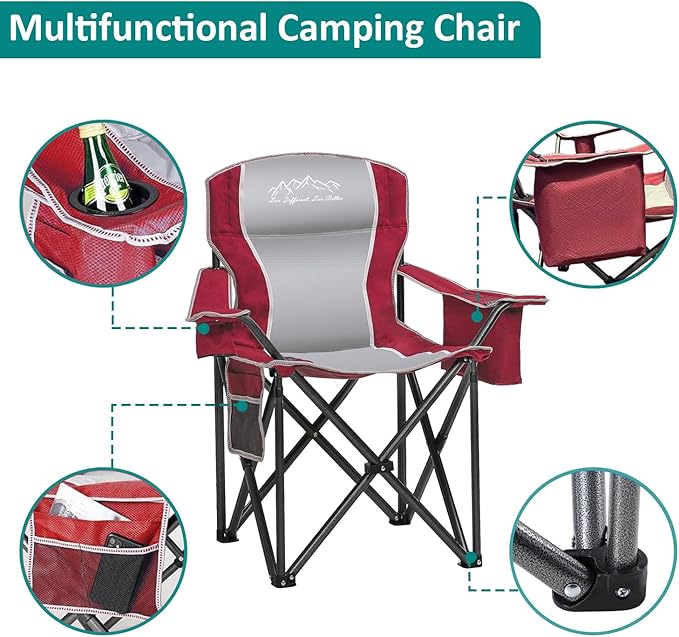 SAILARY Camping Chair Heavy Duty High Back Folding Chair with Cup Holder, 450lbs Capacity, Padded Seat, Cooler Bag & Storage Pocket, Portable for Outdoor, Beach, Fishing, Sports, Red