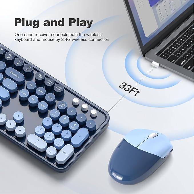 Wireless Keyboard Mouse Combo, Retro Typewriter Full-Size Keyboard with Round Keycaps, 2 in 1 USB Connected Mouse for Windows PC, Laptop, Computer, Desktop, Home and Office Use