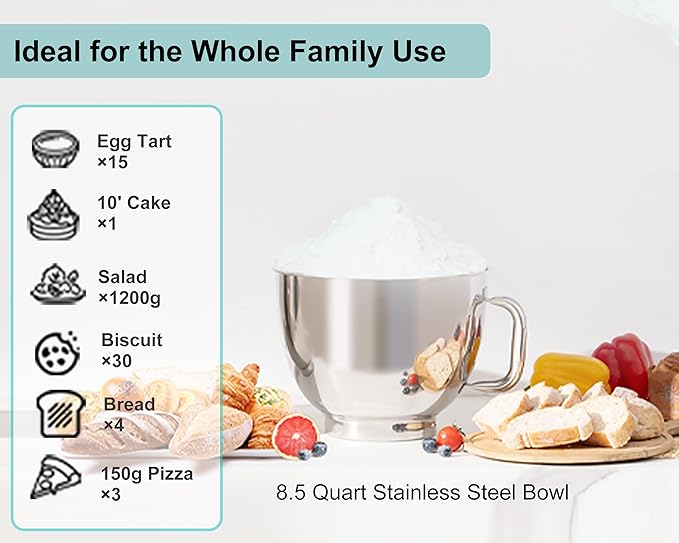 Kitchen in the box Stand Mixer - 8.5 Quart Mixing Bowl with Handle, 900 Watt Heavy Bread Dough Standing Mixers Tilt-head with Dough Hook, Whisk, Flat Beater and Splash Guard (Blue)