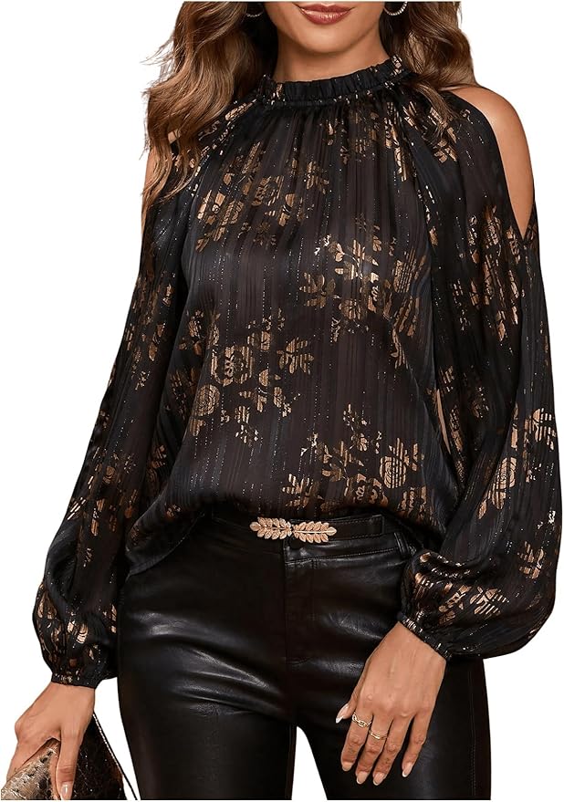 GORGLITTER Women's Cold Shoulder Tops Blouse Fall Dressy Casual Lantern Long Sleeve Mock Neck Pleated Work Shirt Tops