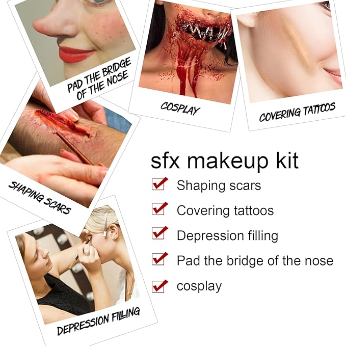 All in One Halloween Makeup Kit, Fake Scar Wax SFX Makeup Kit, Fake Blood Spray, Ideal for Zombie makeup, Vampire Blood, SFX makeUp, Cosplay Party, Stage, Washable Realistic Effect