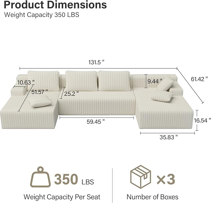 LAUSAINT HOME 132" Modular Sectional Sofa Couches, U-Shaped Boneless Cloud Sofa with 4 Deep Seat, 6 Cushiones Oversized Chaise for Living Room, Bedroom, Plush Corduroy Fabric (U Shaped Sofa, Beige)