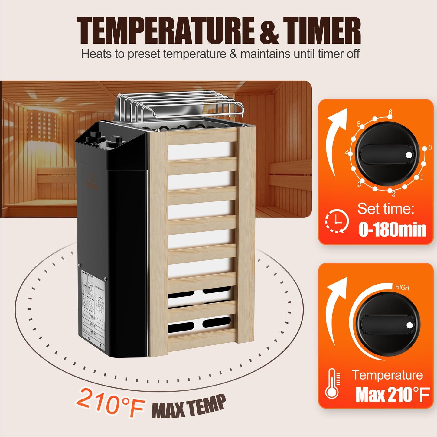 2KW 110V Sauna Heater with Plug, No Need for Wiring, Plug and Play, 100 Cu.Ft. Heated Area, Electric Sauna Heater with 3h Timera and Internal Temperature Control, Suitable for Small Sauna Rooms