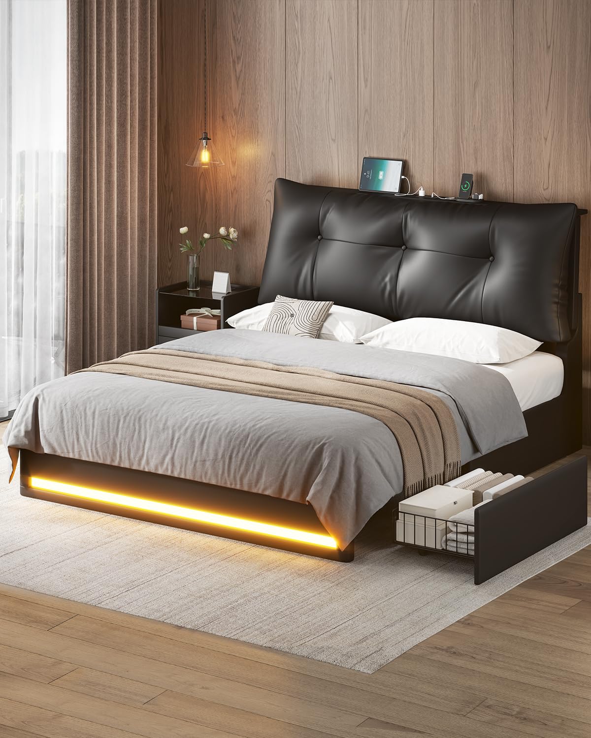 VIAGDO Full Size Bed Frame with Storage Headboard, Black Led Bed Frame Full Size with 4 Storage Drawers and Charging Station, No Spring Box Needed, Black