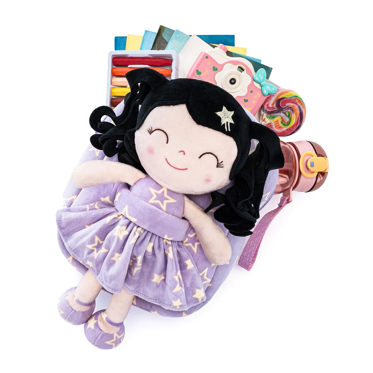 Gloveleya Toddler Backpacks Baby Girl Gifts Curly Hair Plush Figures Dress Backpack Kids Backpack Curly Hair Spring Girl - Black Head Purple Star 9inches