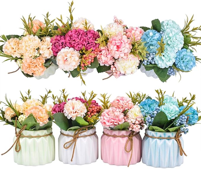 Artificial Flower Plants – Mini Fake Hydrangea Flowers in Pot for Home Decor Party Wedding Office Patio Table Desk Decorat...