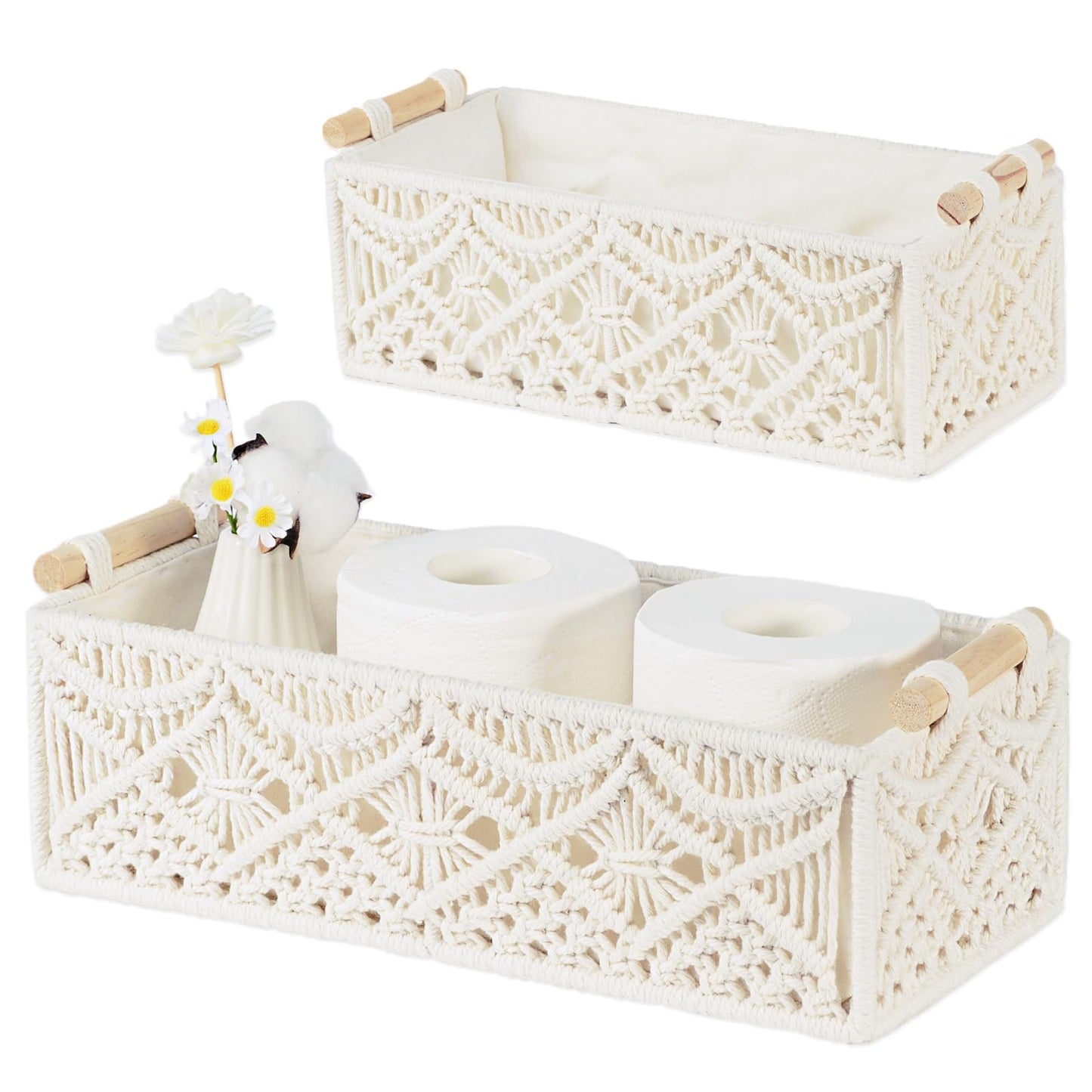 BROWNLILY Macrame Storage Baskets Boho Decor Gift Box Woven Toilet Paper Basket with Wood Handles Home Decorative Baskets for Organizing on Shelf Cabinet Countertop Livingroom - Set of 2
