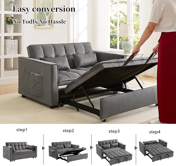OjvZxqtbrnl Convertible Sofa Bed,3 in 1 Pull Out Couch Adjustable Backrest, Modern Velvet Upholstery Sleeper Sofa Bed, Loveseat Couch for Living Room, Bedroom & Apartments (Grey)