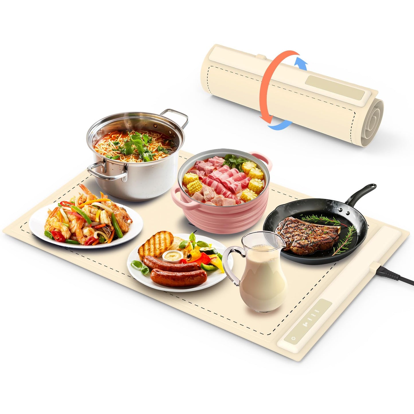 Electric Warming Tray - 3 Modes &Full Surface Heating,Rollable & Portable,Premium Silicone Nano-Material,3 Temperature Settings,Auto Shut-Off -Versatile Food Warmer for Gatherings,Parties (Cream)