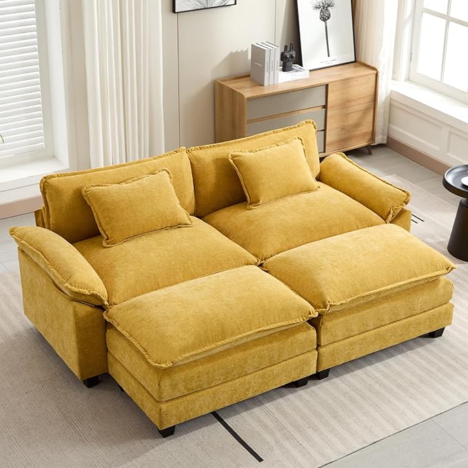 Oprisen 86" Modular Sectional Sofa, Comfy Cloud Couch Sectional Sofa with Ottoman, Chenille Sofa Sleeper Deep Seat Sofa with Throw Pillows for Living Room (Yellow)