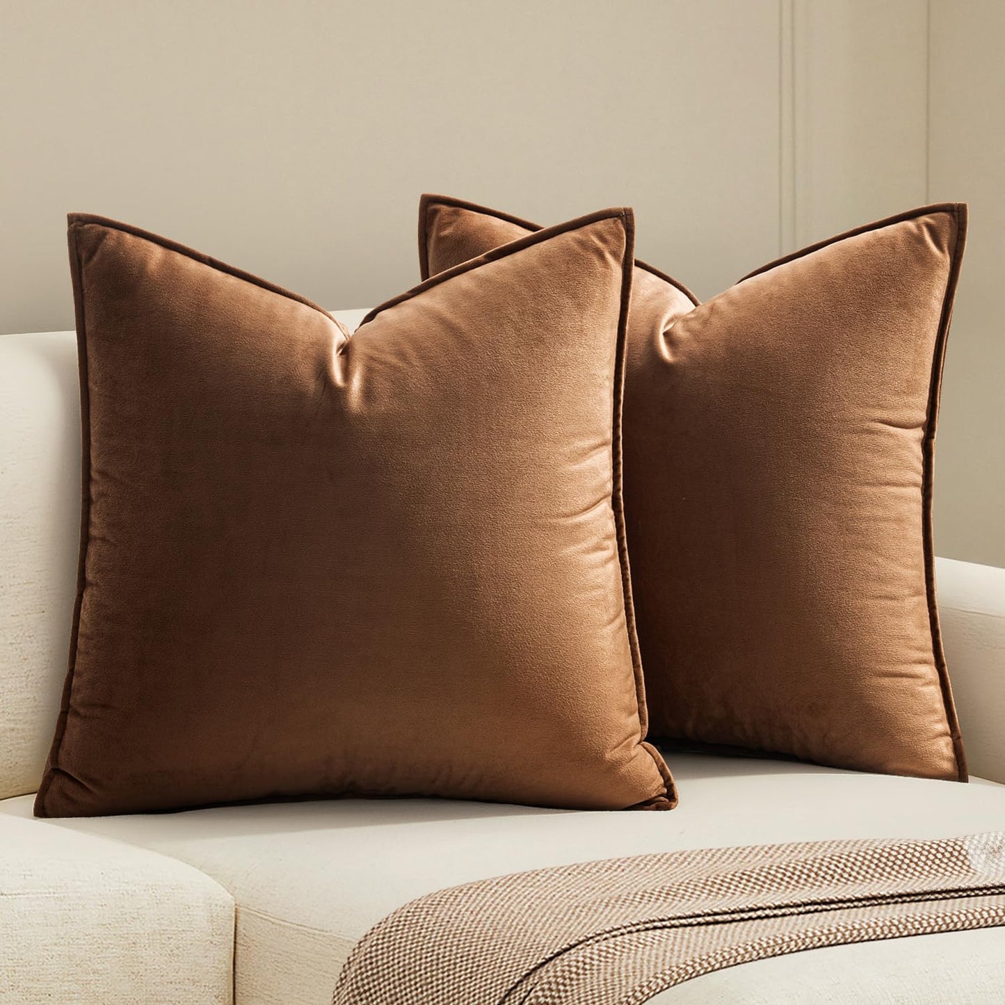 MIULEE Pack of 2 Brown Decorative Velvet Throw Pillow Cover Soft Pillowcase Solid Square Cushion Case for Sofa Bedroom Car 20x20 Inch 50x50 Cm
